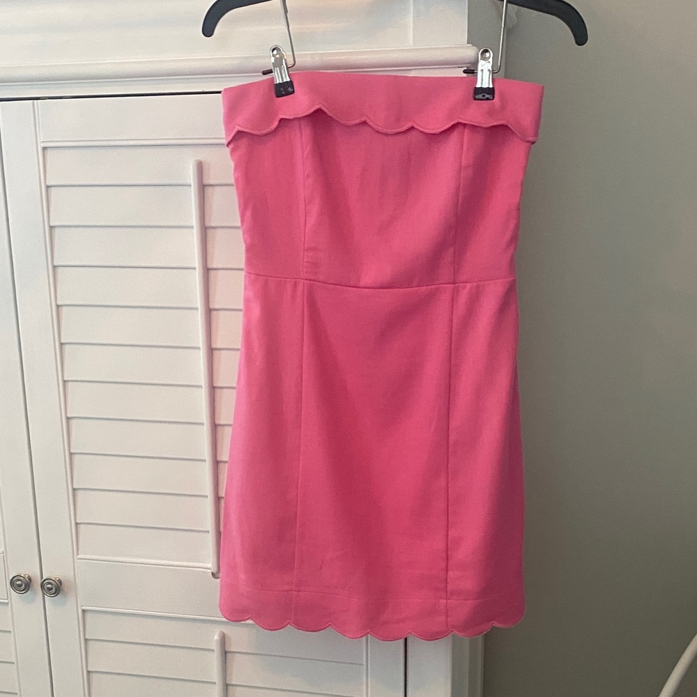 Pink Strapless Dress with Scalloped Hem